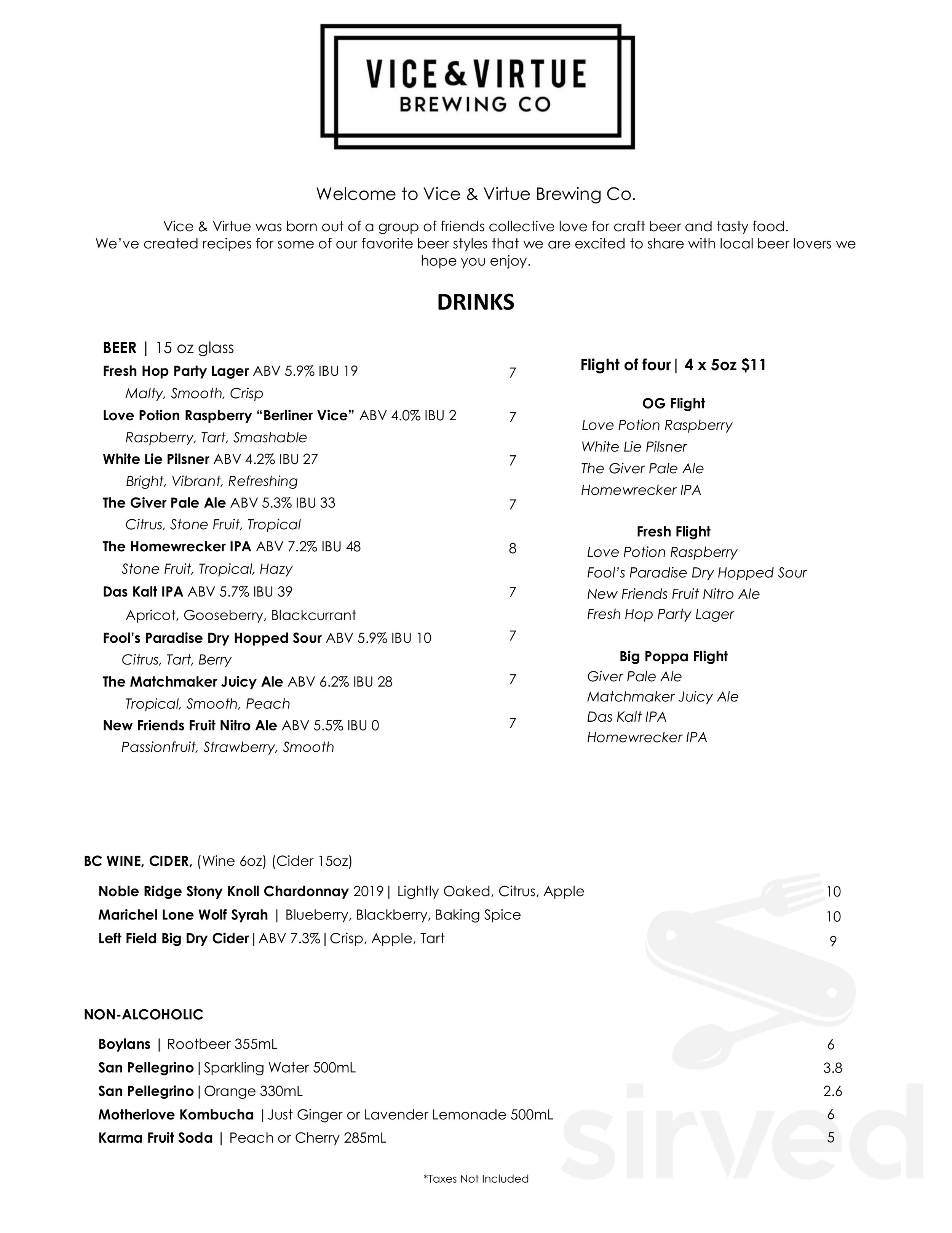 Vice & Virtue Brewing Co. drink menu in Kelowna, British Columbia