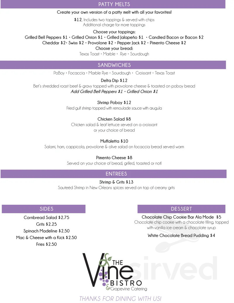 The Vine Bistro menu in Greenwood, Mississippi, USA