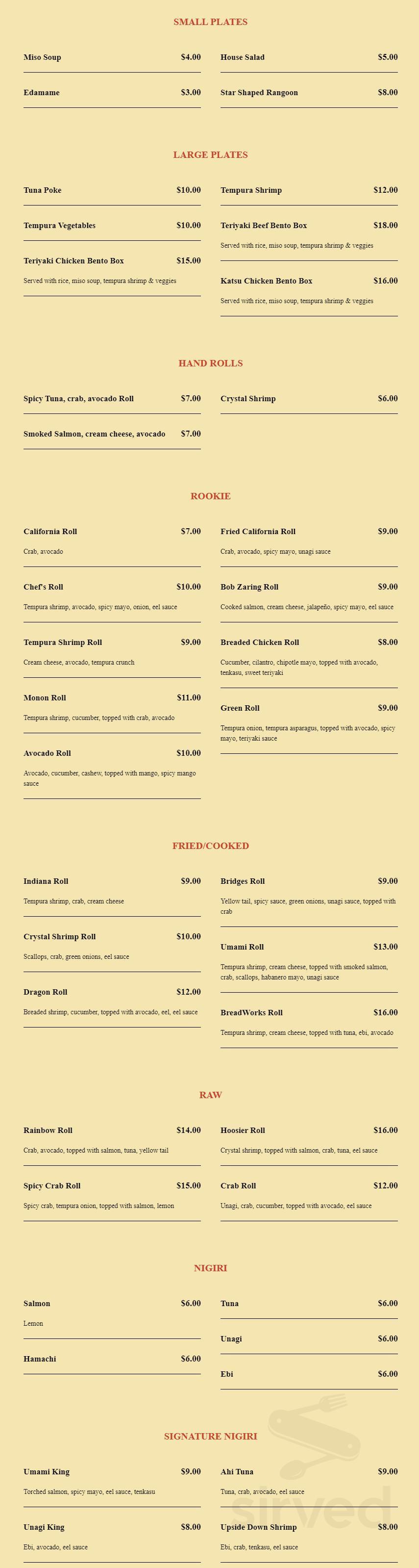 BreadWorks by Bridges menu in Greencastle, Indiana, USA
