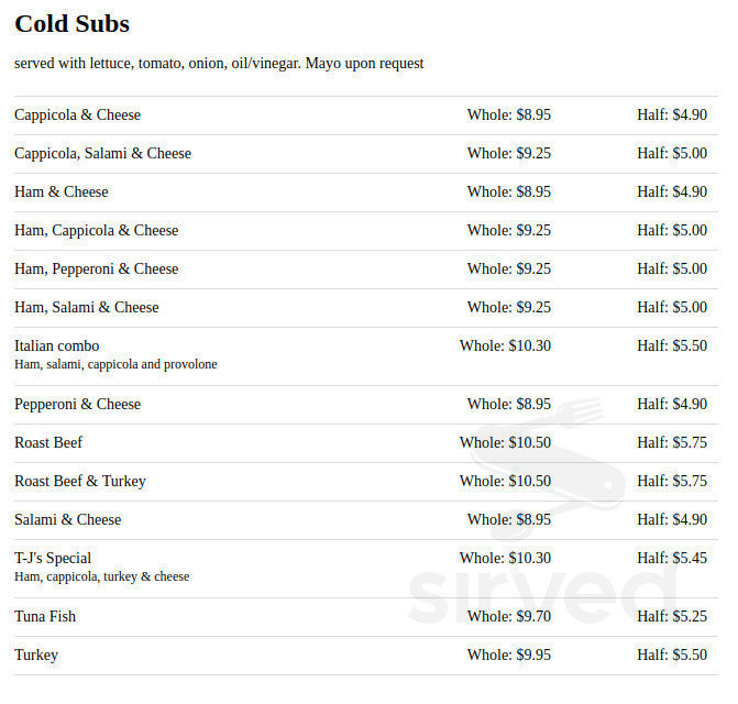 TJ's Pizzeria & Catering menu in Parlin, New Jersey, USA