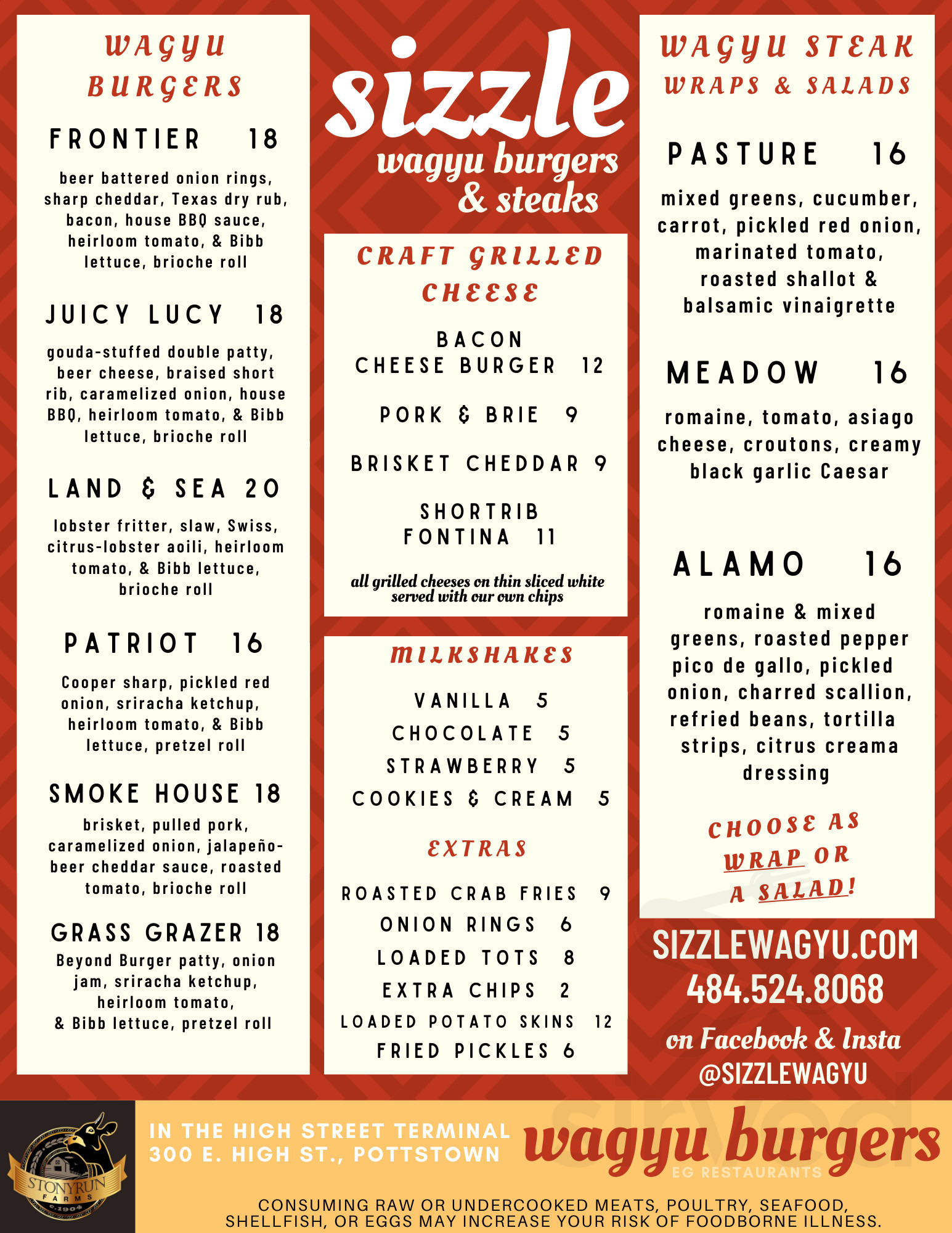 Sizzle menu in Pottstown, Pennsylvania
