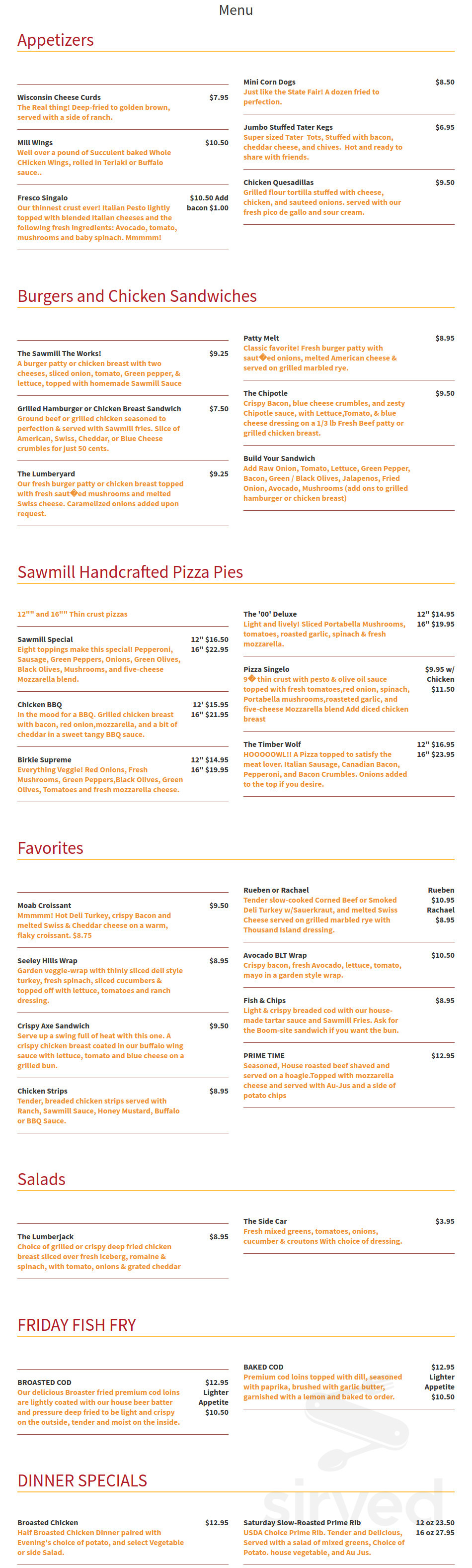 Sawmill Saloon menu in Hayward, Wisconsin