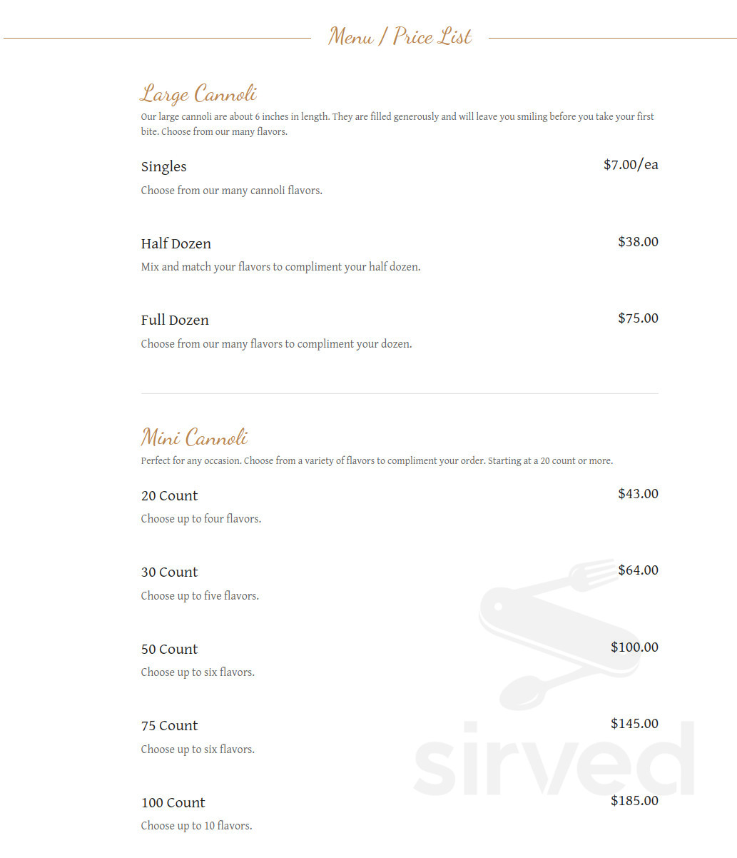 Menu Hammonton NJ's Mannino’s Cannoli Express Sirved