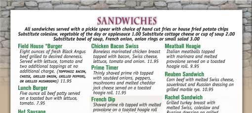 Menu for Field house Restaurant in Cabot, PA | Sirved