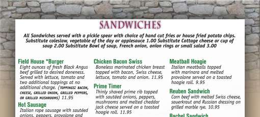 Menu for Field house Restaurant in Cabot, PA | Sirved