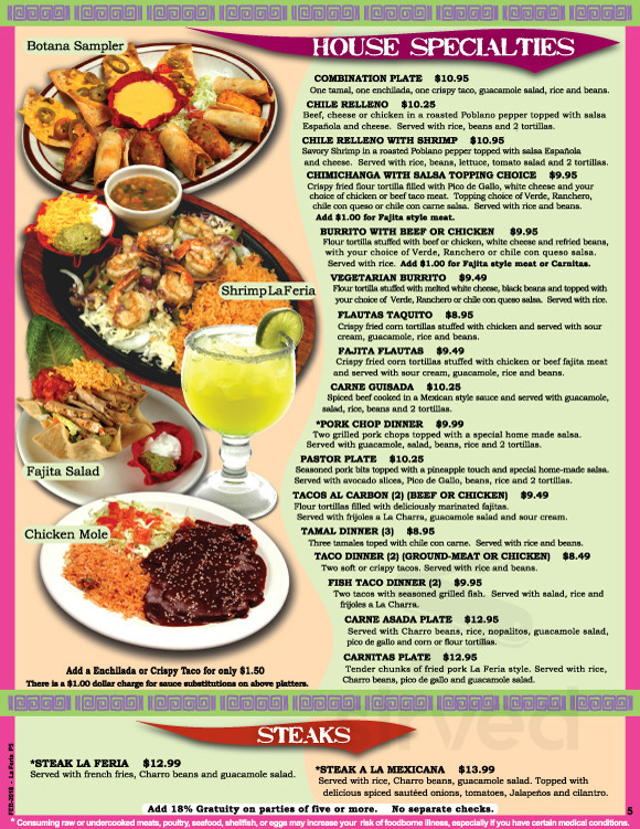 La Feria Mexican Restaurant menu in Austin, Texas, USA