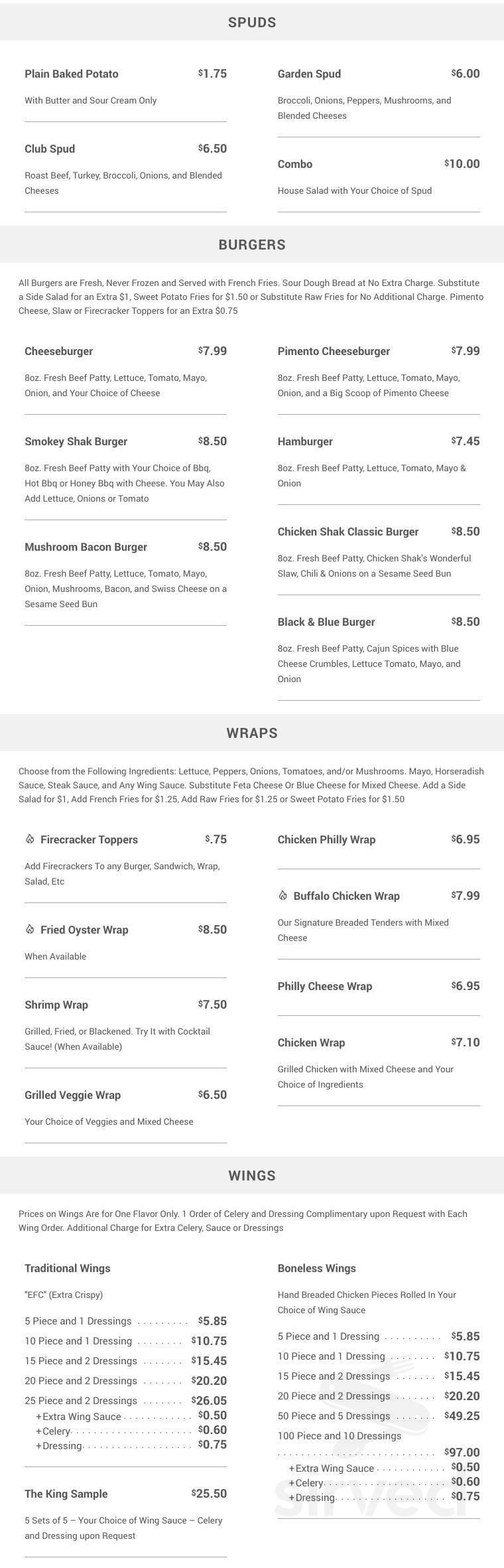 Shawkers Grill & Bar menu in Rock Hill, South Carolina, USA