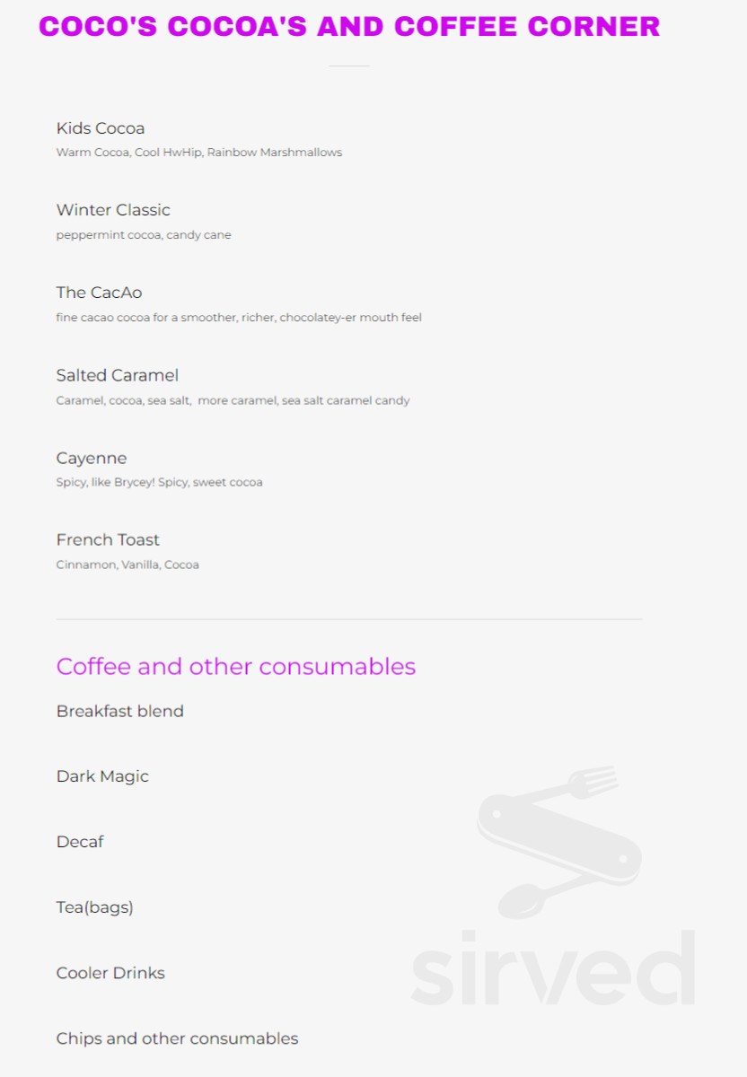 Cocoa & Dough Co. menu in Lake Placid, New York, USA