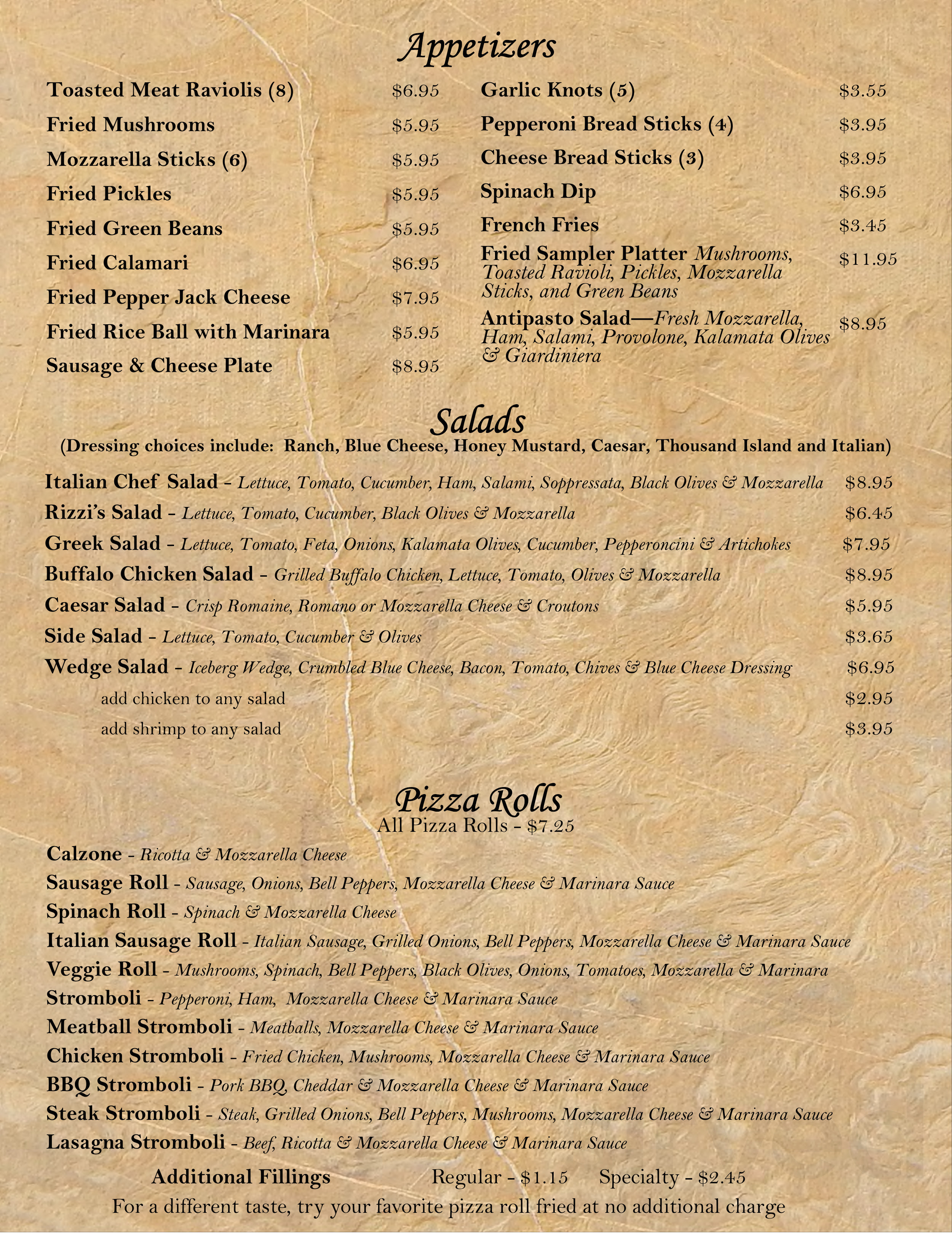 Rizzi's Pizza Cafe menu in Arlington, Tennessee, USA