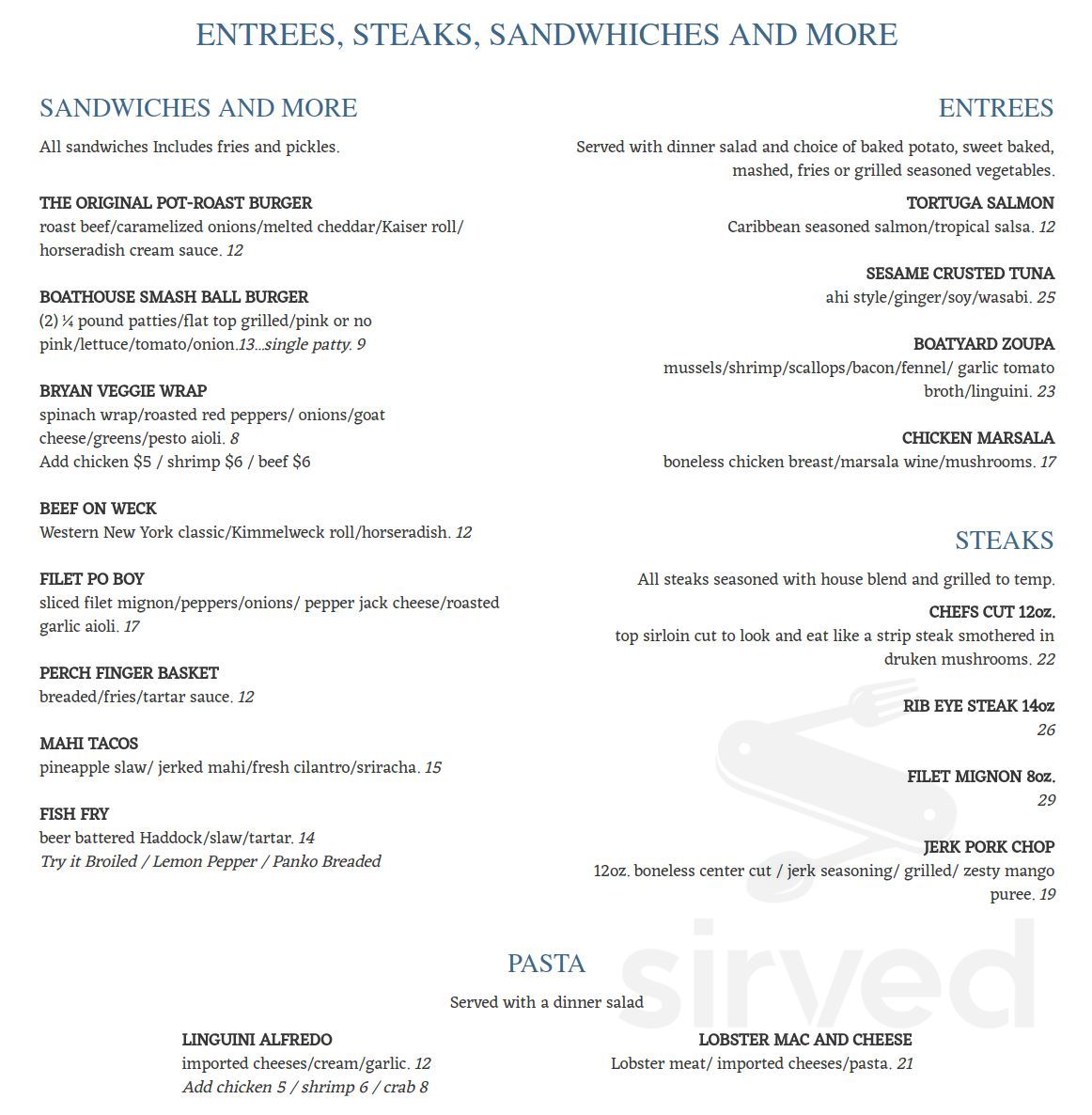 Wilson Boat House Restaurant menus in Wilson, New York, United States