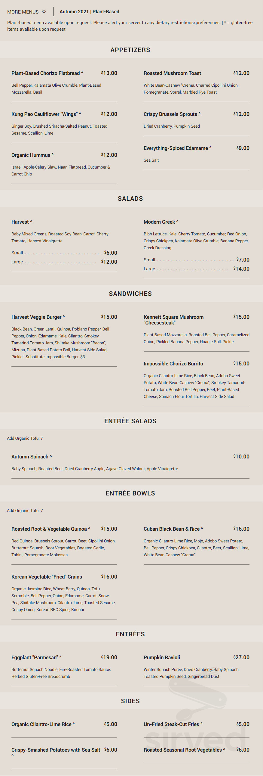 Menu Lancaster PA's Harvest Seasonal Grill Lancaster Sirved