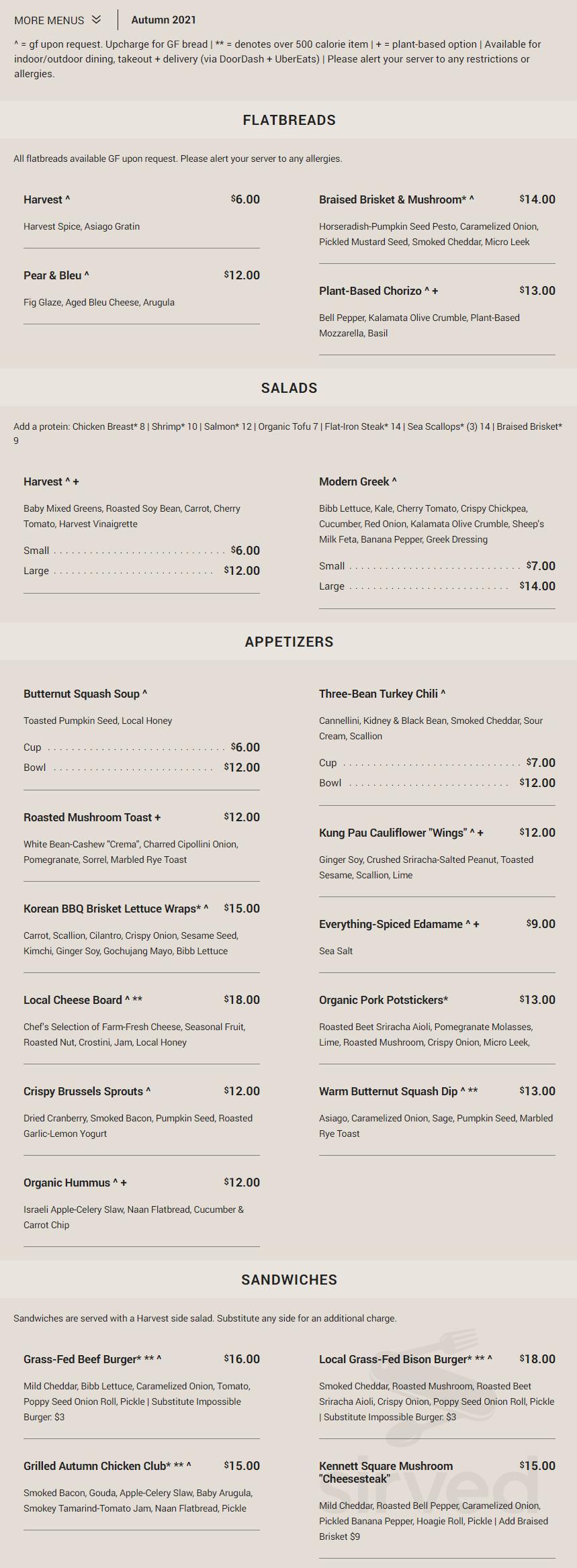 Menu Lancaster PA's Harvest Seasonal Grill Lancaster Sirved