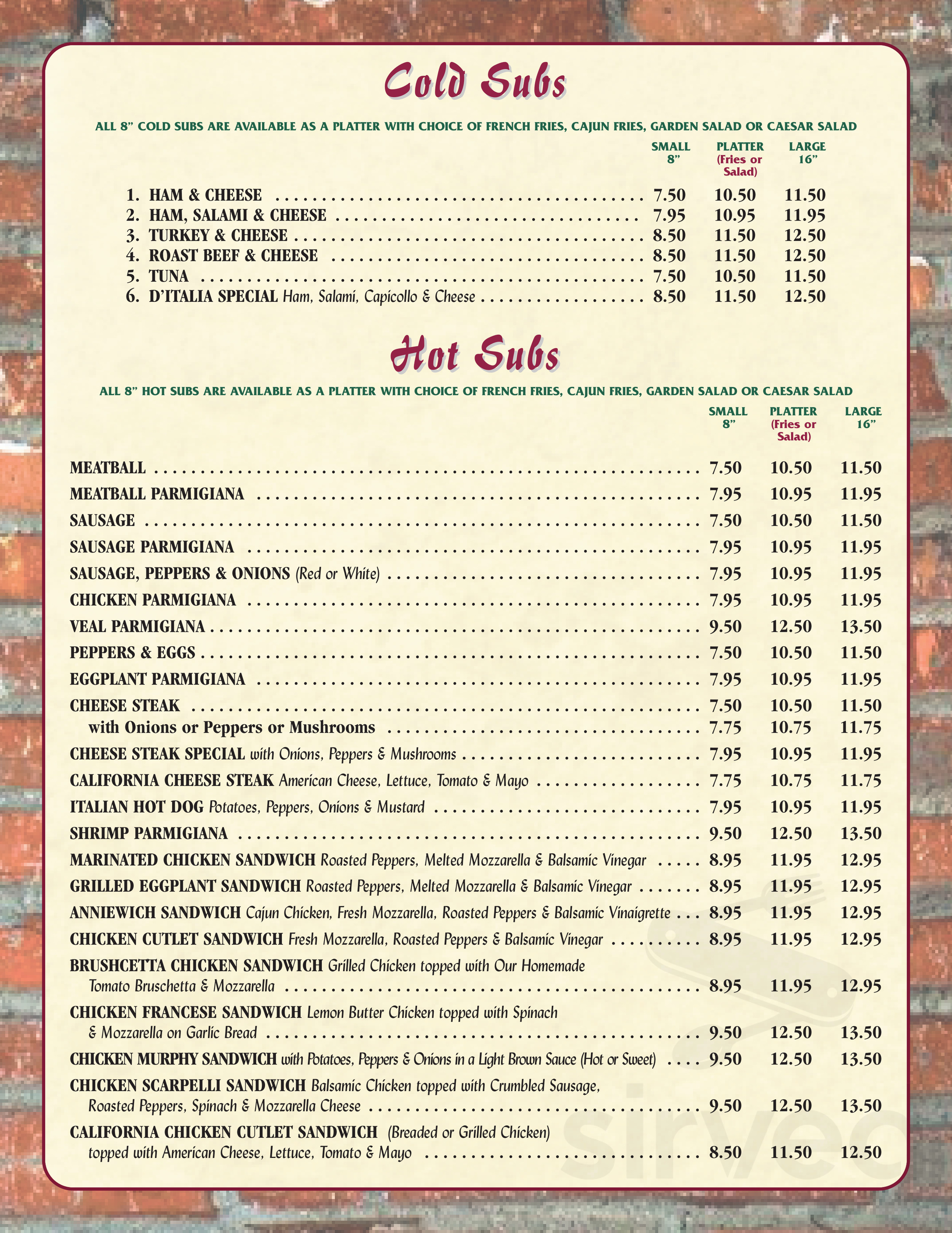D'Italia Restaurant Pizzeria and Catering menu in Avenel, New Jersey, USA