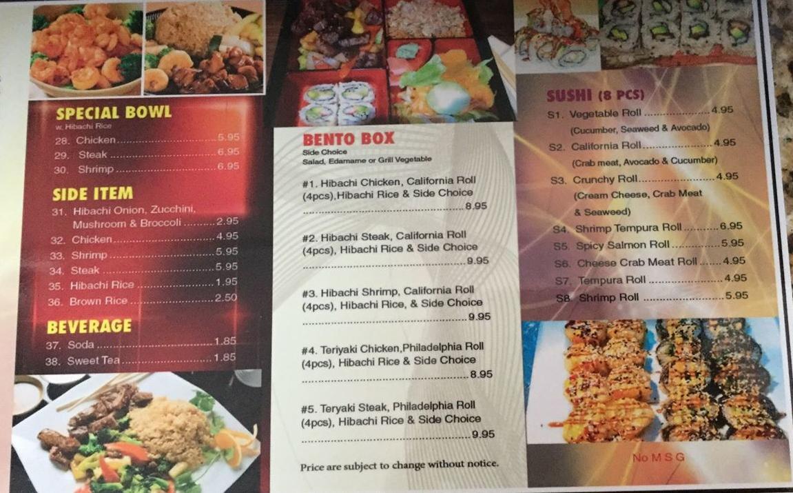 hibachi express menu in Fayetteville, North Carolina, USA