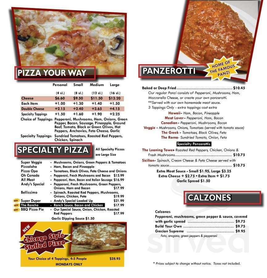 Andy's Place menus in Chatham, Ontario, Canada