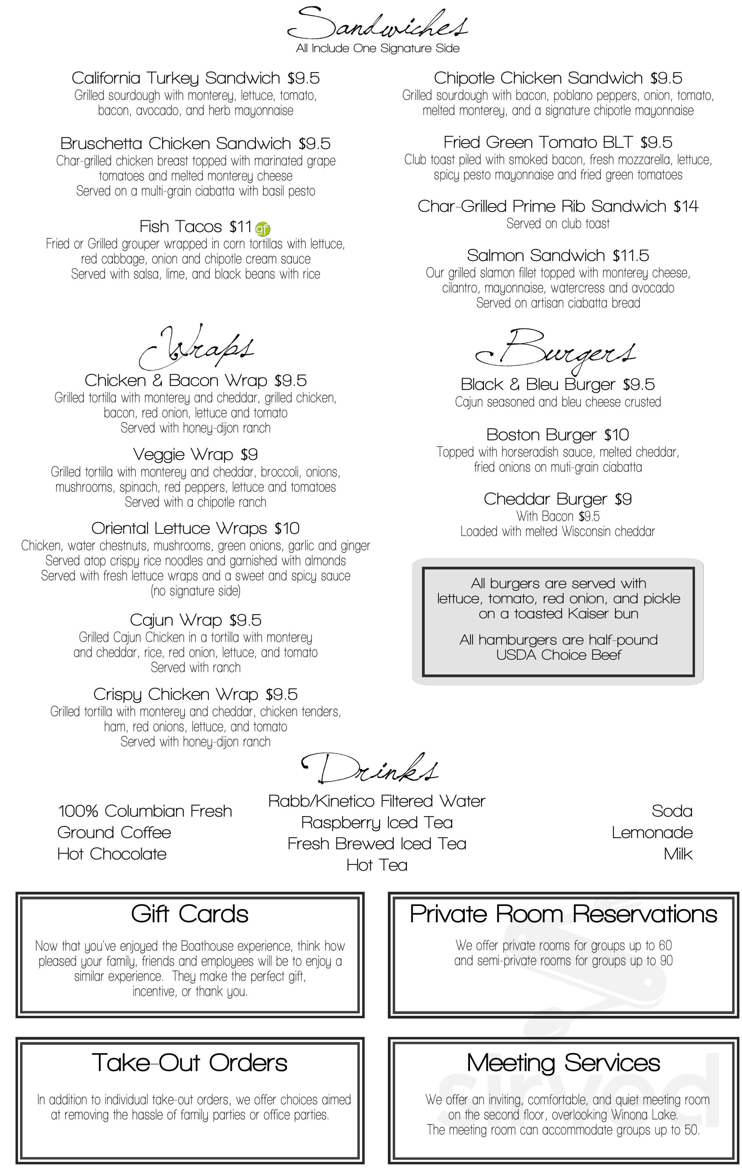 Boathouse Restaurant menu in Winona Lake, Indiana, USA