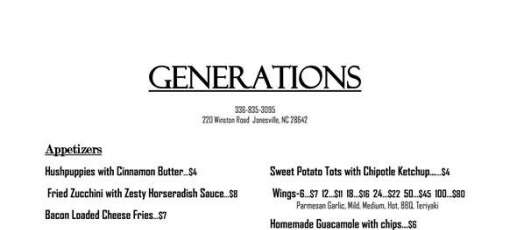 Generations Menu Menu for Generations Casual Dining in Jonesville, NC | Sirved