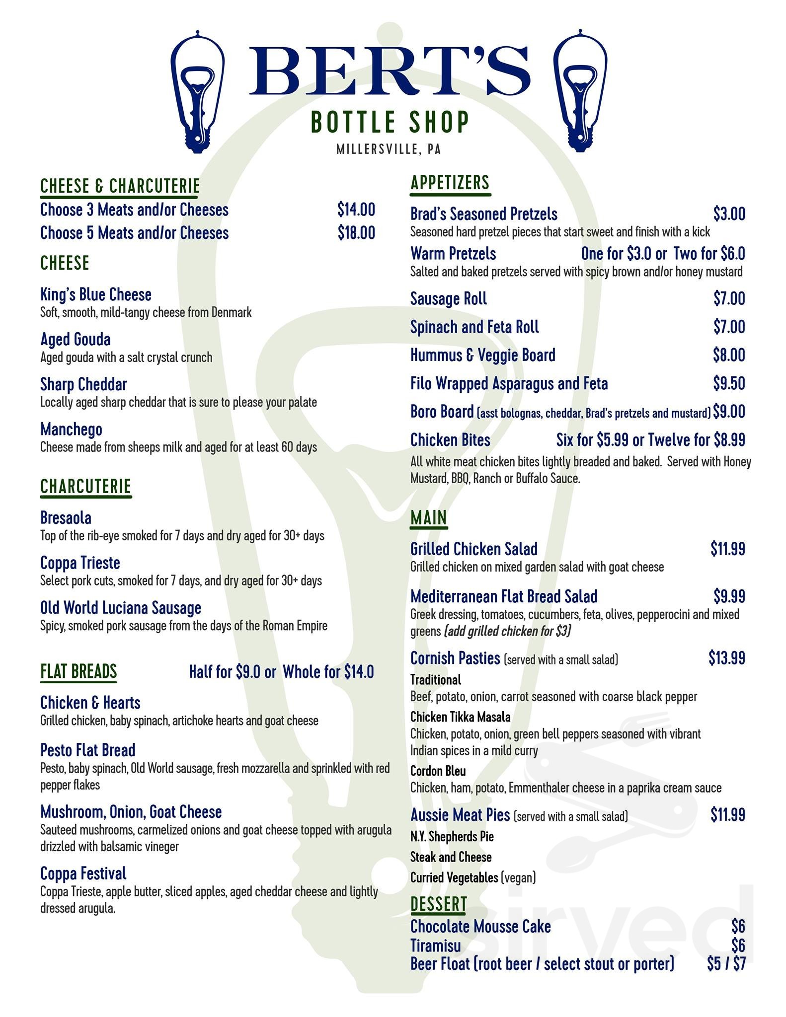 Bert's Bottle Shop menu in Millersville, Pennsylvania
