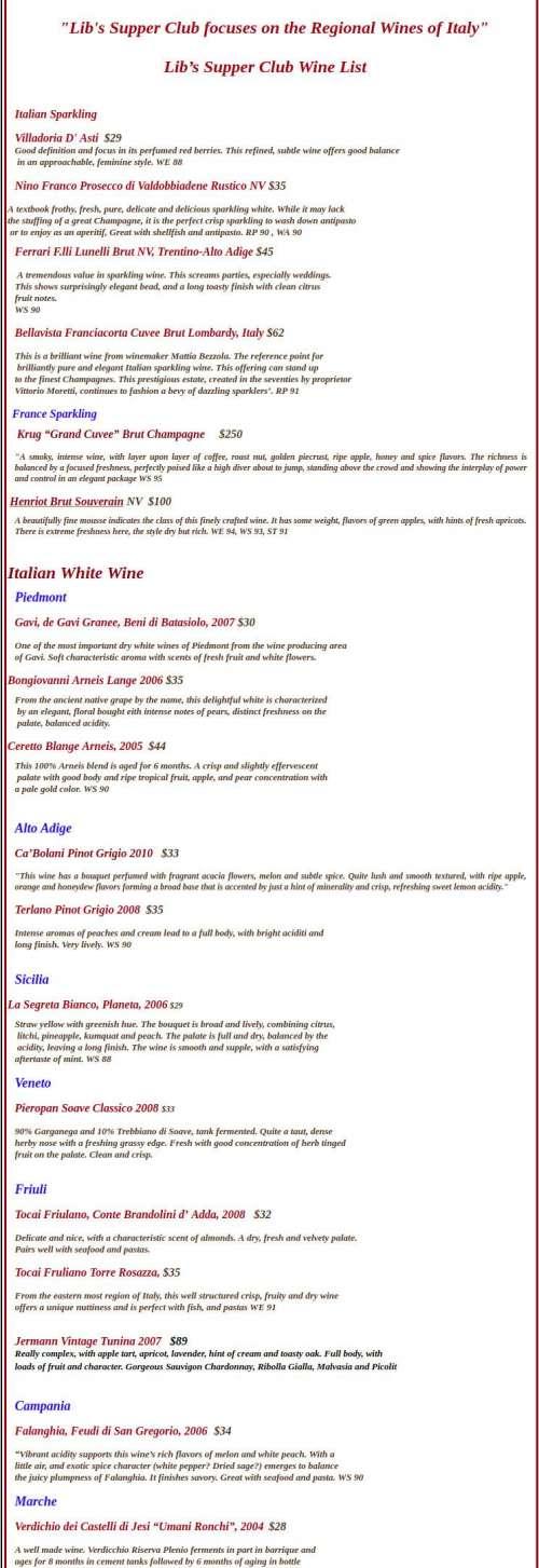 Lib's Supper Club menu in Elmira, New York, USA