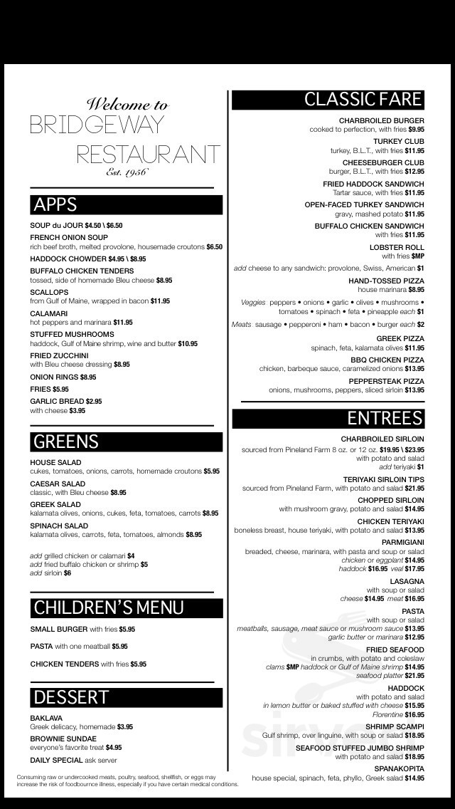 Bridgeway Restaurant Menu - South Portland, Maine | Sirved
