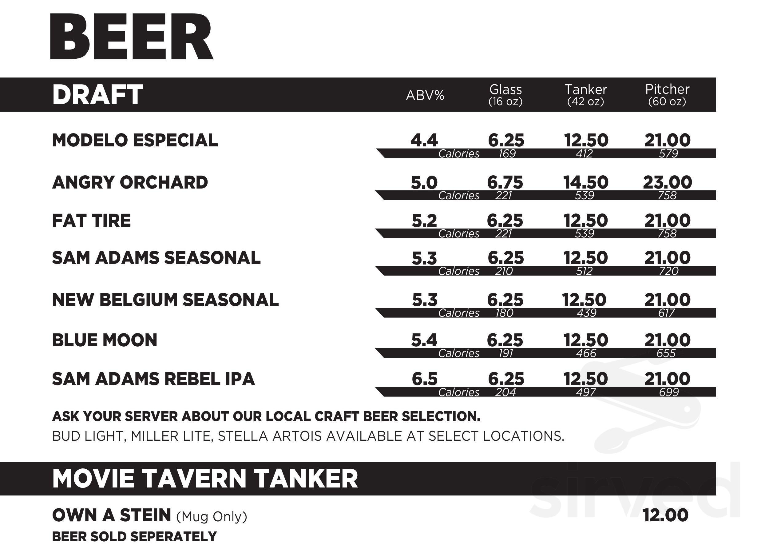 Movie Tavern Green Oaks menu in Arlington, Texas, USA