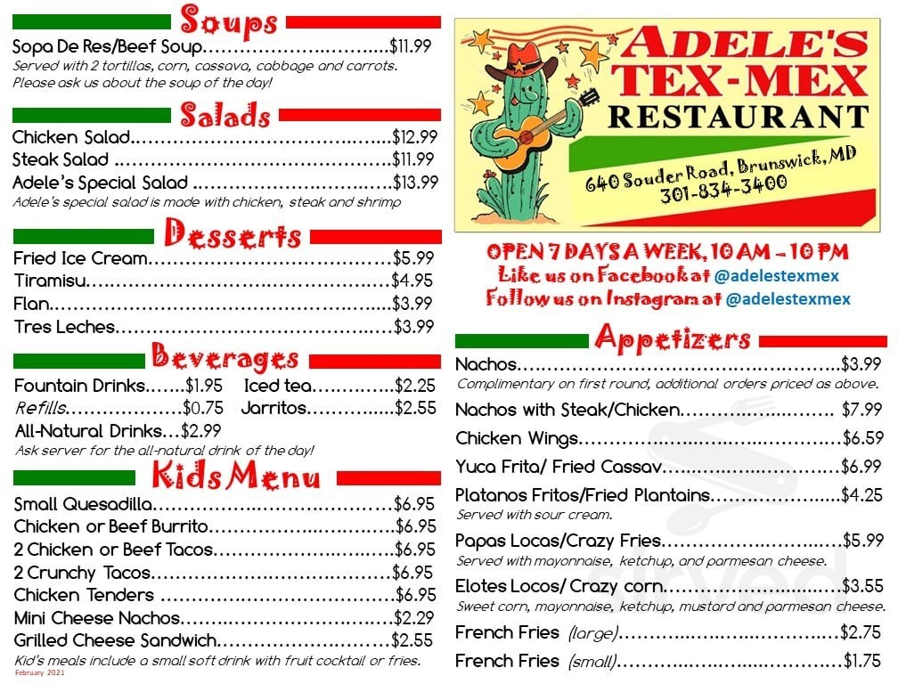 Adele's TexMex menu in Brunswick, Maryland, USA