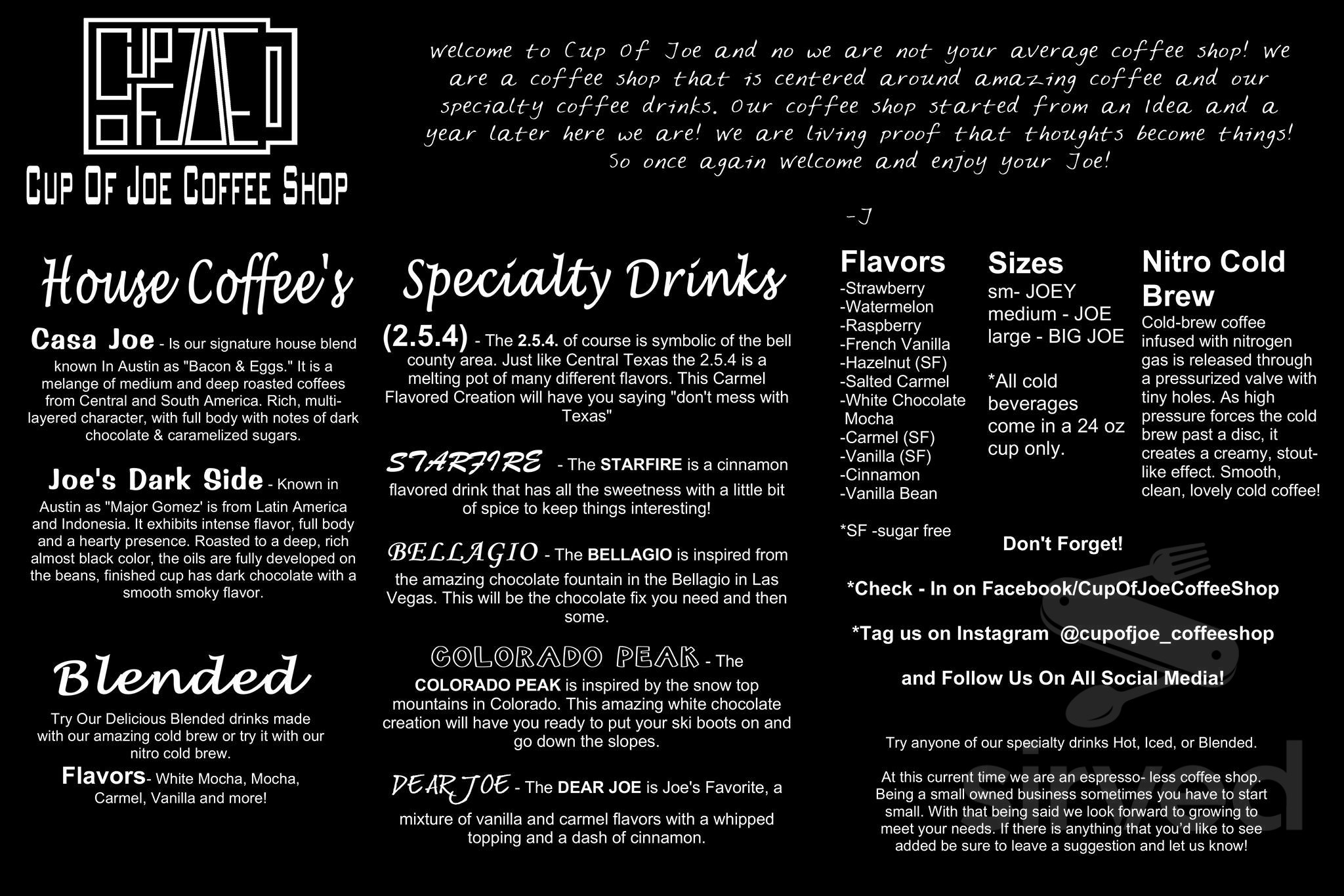 Cup Of Joe Coffee Shop Menu In Harker Heights Texas Usa
