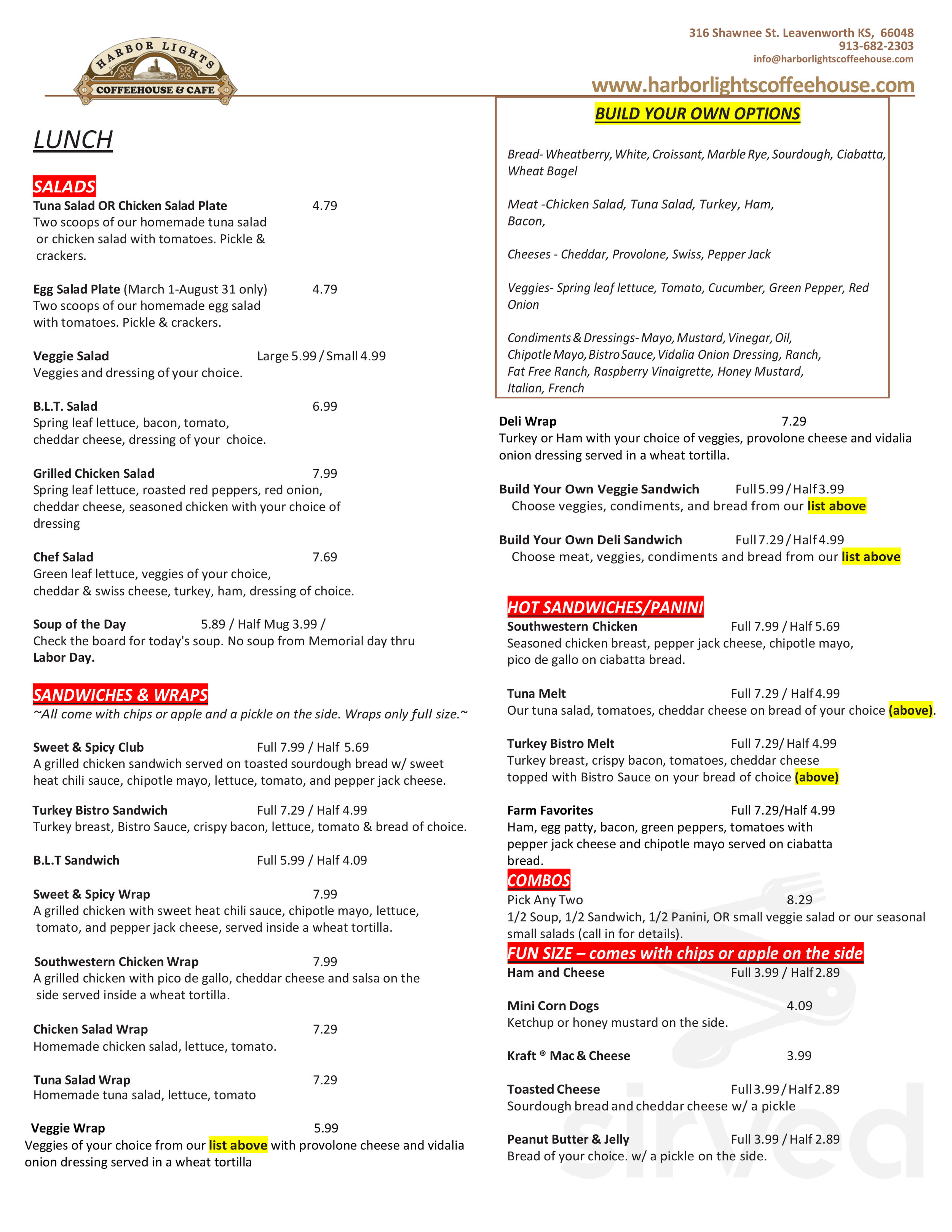 Harbor Lights Coffee House menu in Leavenworth, Kansas, USA