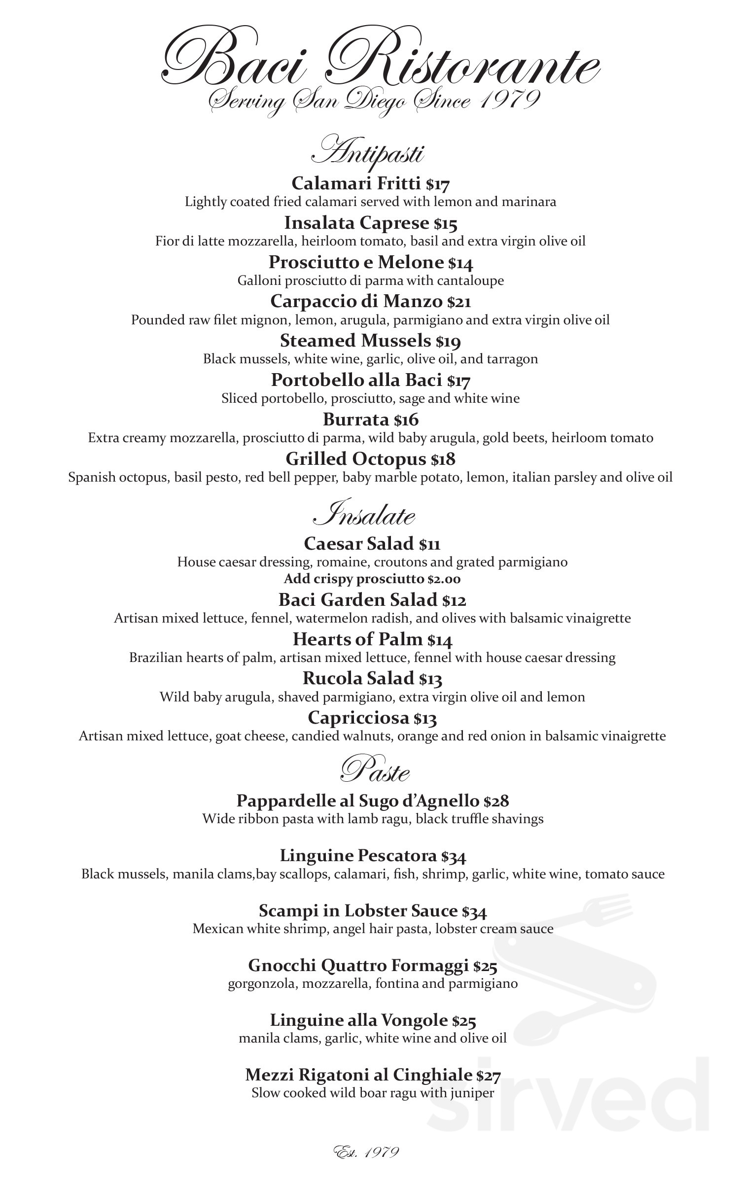 Baci Restaurant menu in San Diego, California