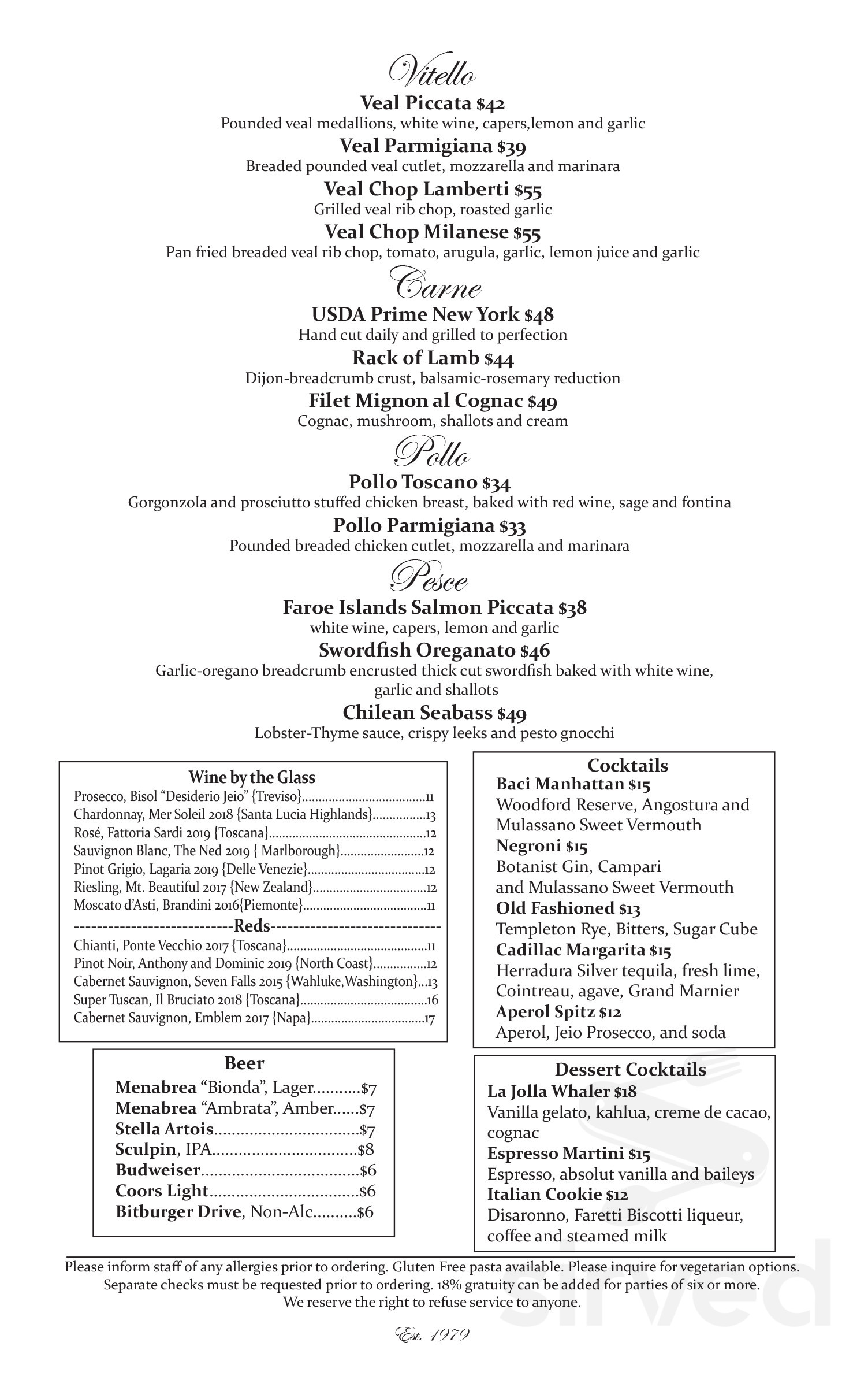 Baci Restaurant menu in San Diego, California