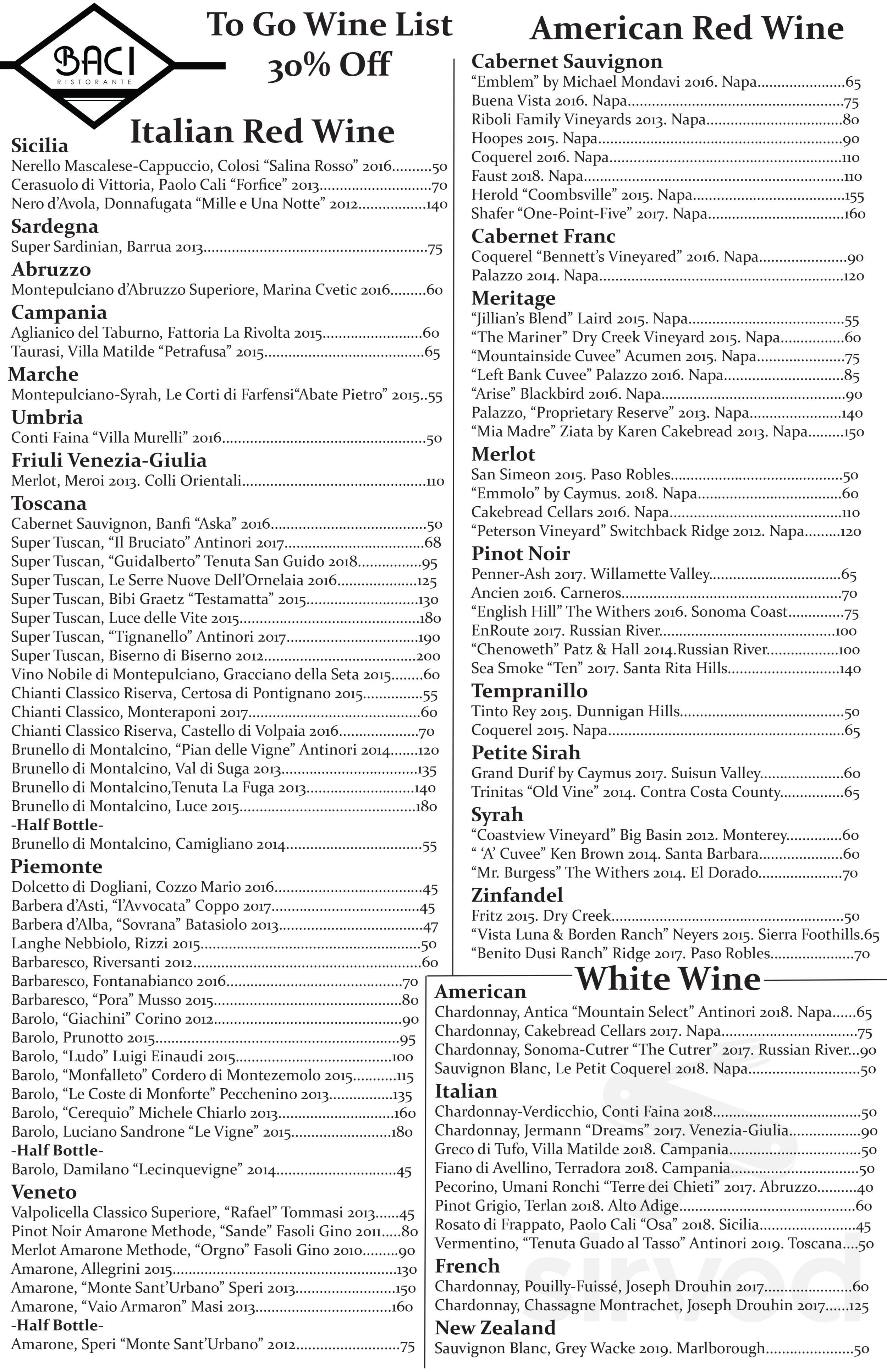 Baci Restaurant wine menu in San Diego, California