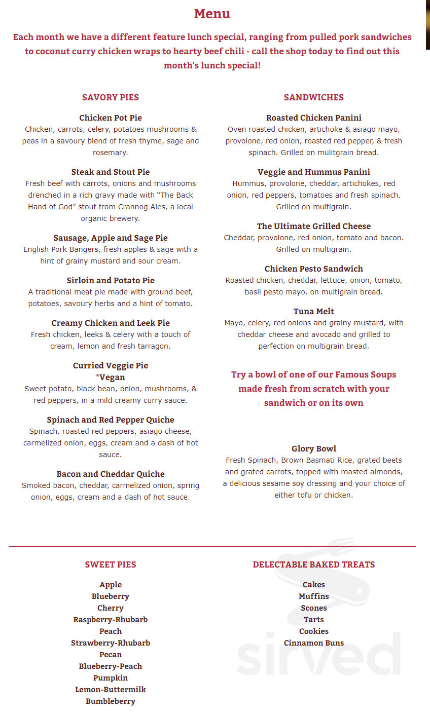 Shuswap Pie Company menu in Salmon Arm, British Columbia