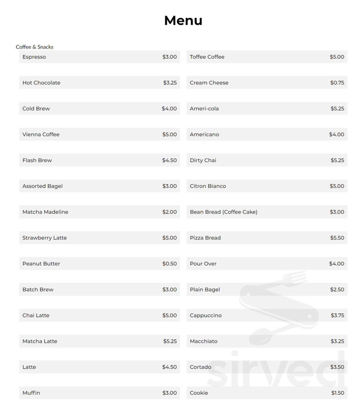 Uniq Coffee menu in Auburn, Alabama, USA