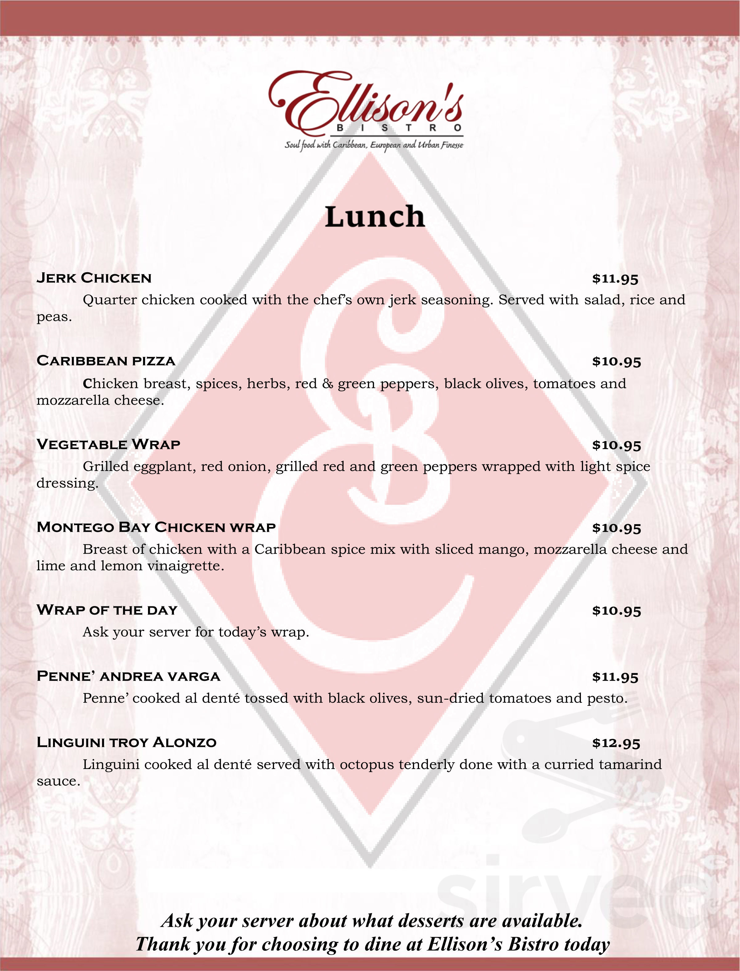 Ellison's Bistro menus in Kitchener, Ontario, Canada