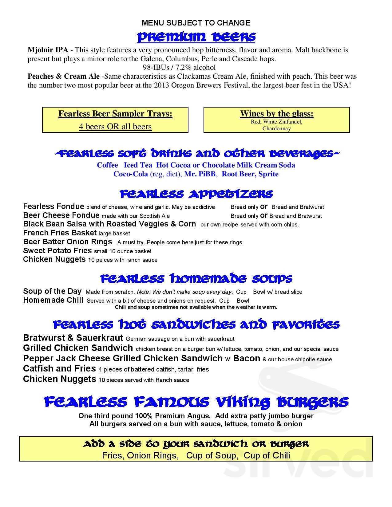Fearless Brewing Co menu in Estacada, Oregon
