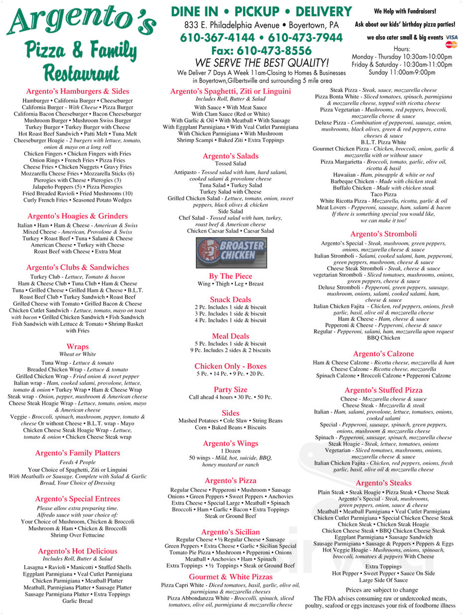 Argento's Pizza & Family Restaurant menu in Boyertown, Pennsylvania, USA