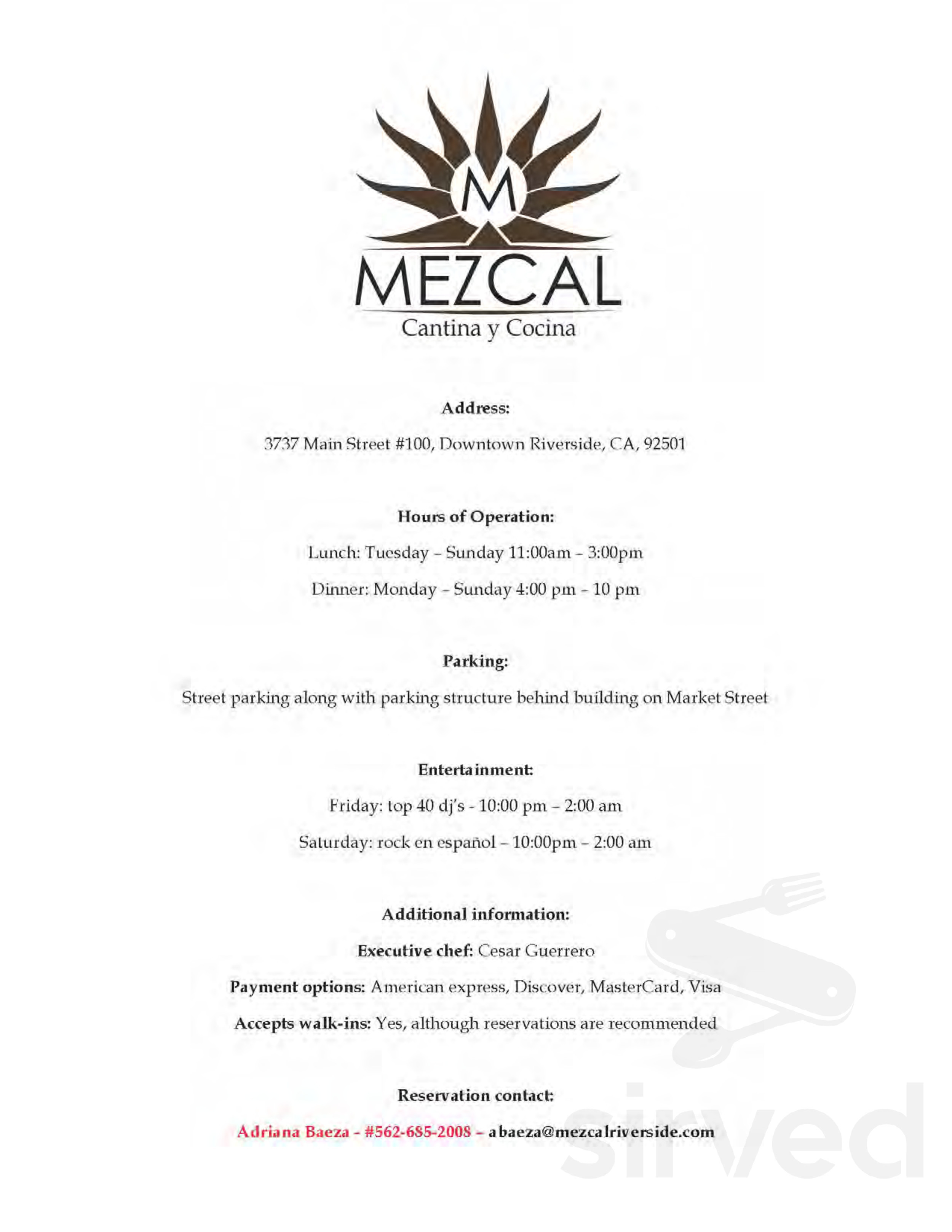 Mezcal Cantina y Cocina menus in Riverside, California, United States