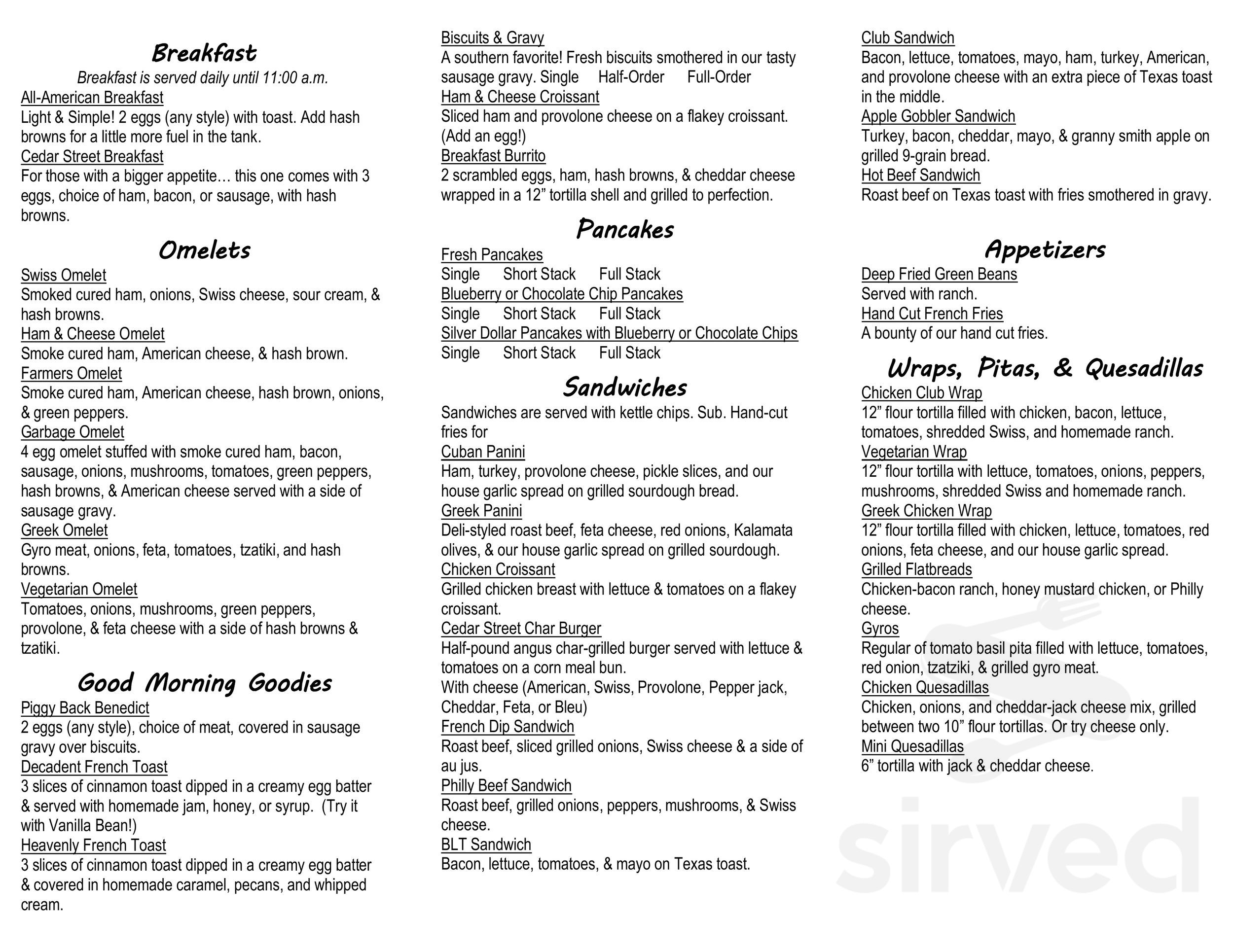 Cedar Street Cafe & Espresso Bar menu in Manistique, Michigan