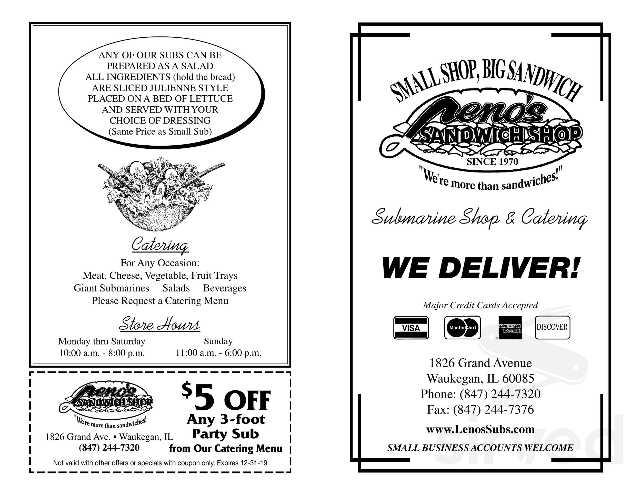 Leno's Sandwich Shop menus in Waukegan, Illinois, United States