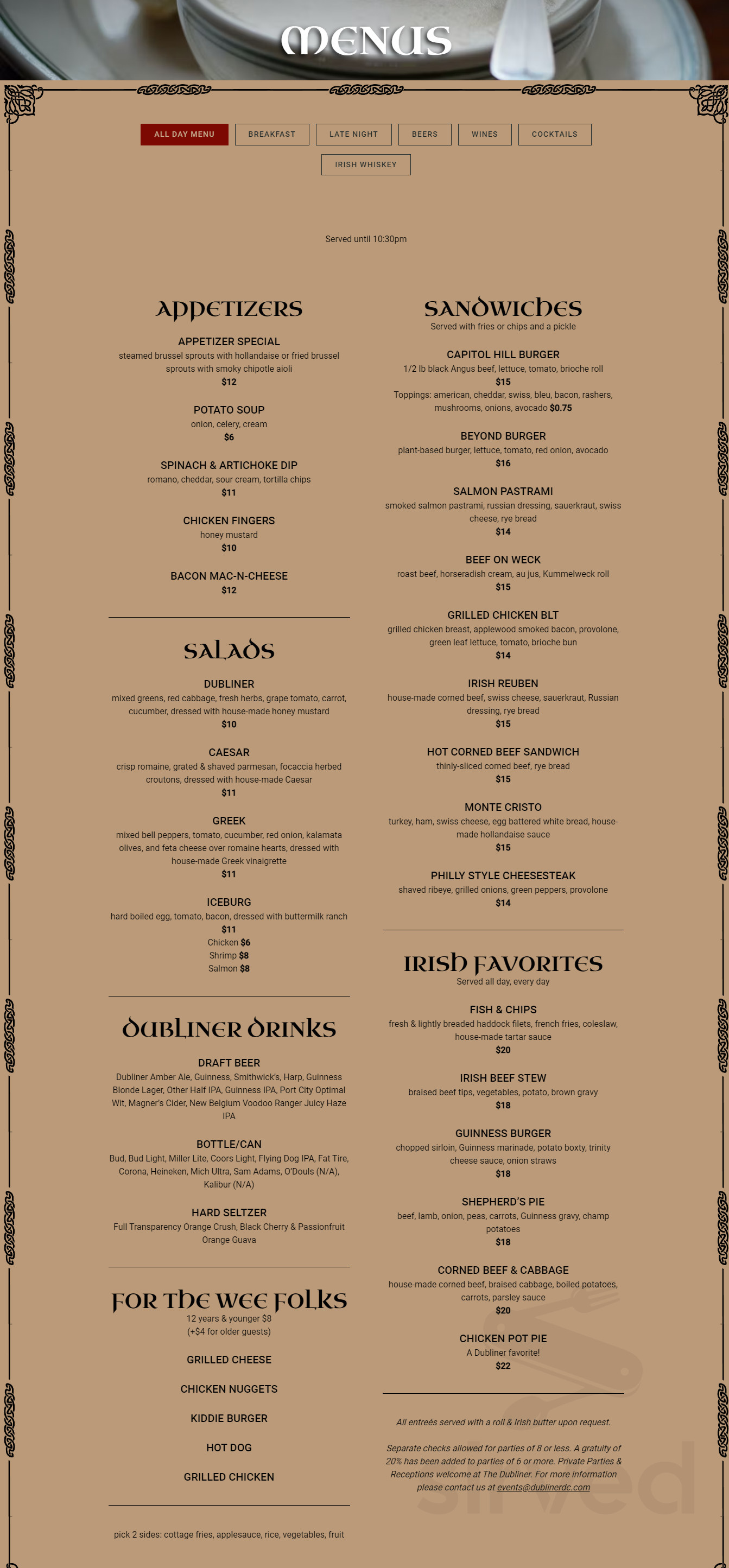 Phoenix Park Hotel menus in 520 North Capitol St NW, Washington, United States