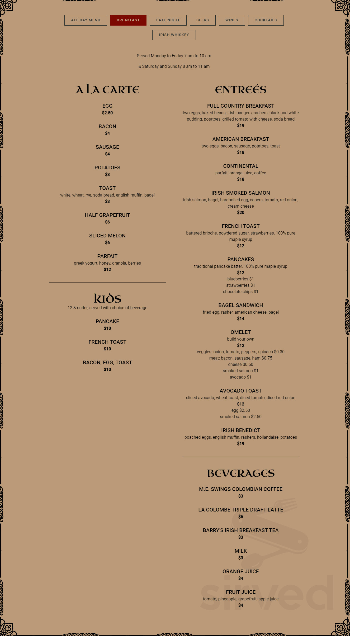 Phoenix Park Hotel menus in 520 North Capitol St NW, Washington, United States