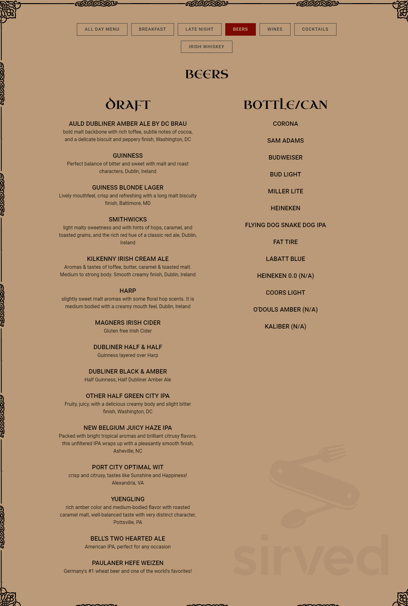 Phoenix Park Hotel menus in 520 North Capitol St NW, Washington, United States