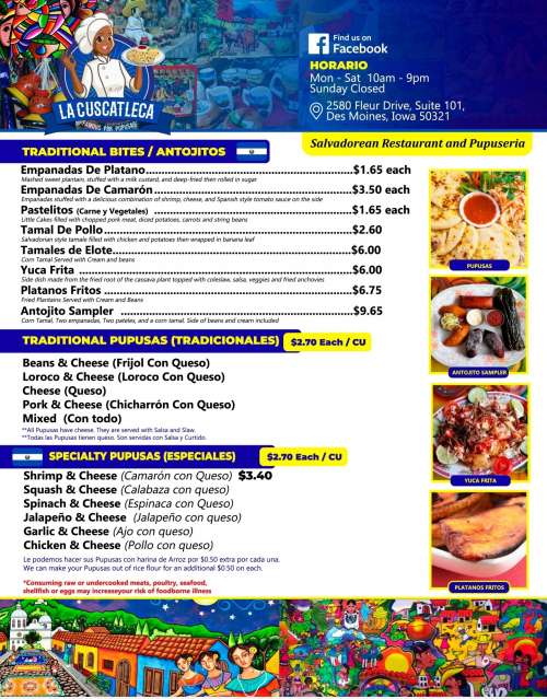 La Cuscatleca South menu in Des Moines, Iowa, USA