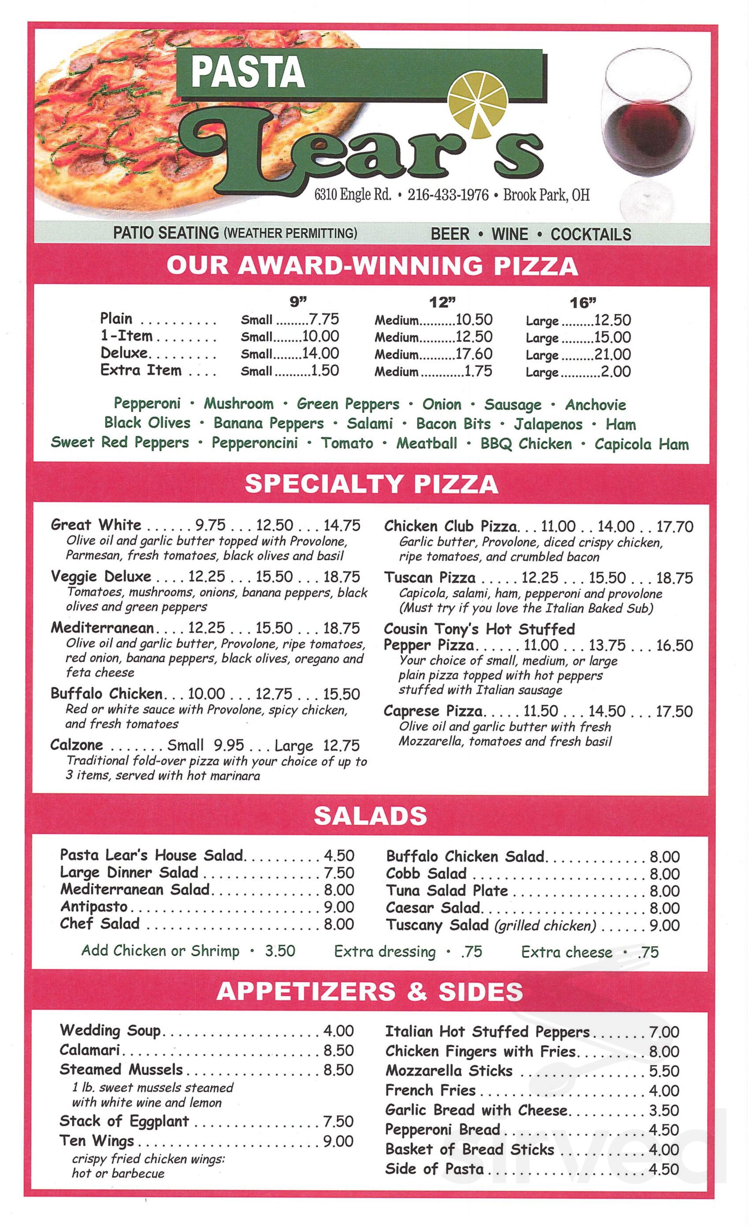 Pasta Lear's Pizzeria & Deli menu in Brook Park, Ohio, USA