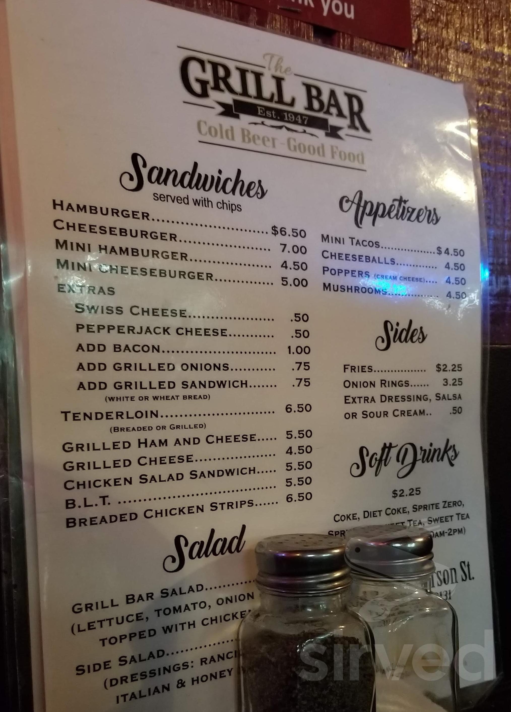 Grill Bar menu in Franklin, Indiana, USA