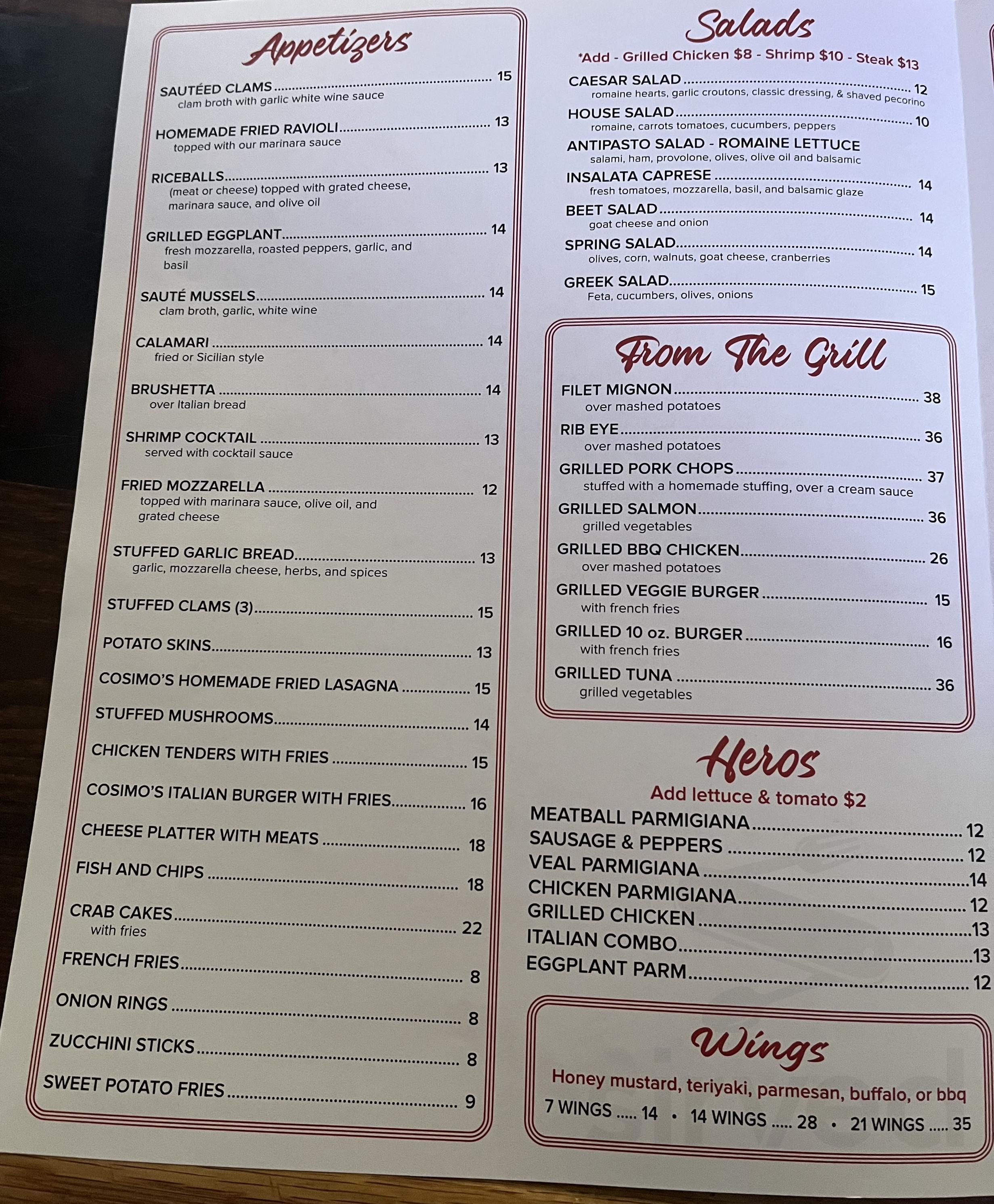Cosimo's Italian-American Cuisine menu in East Patchogue, New York, USA