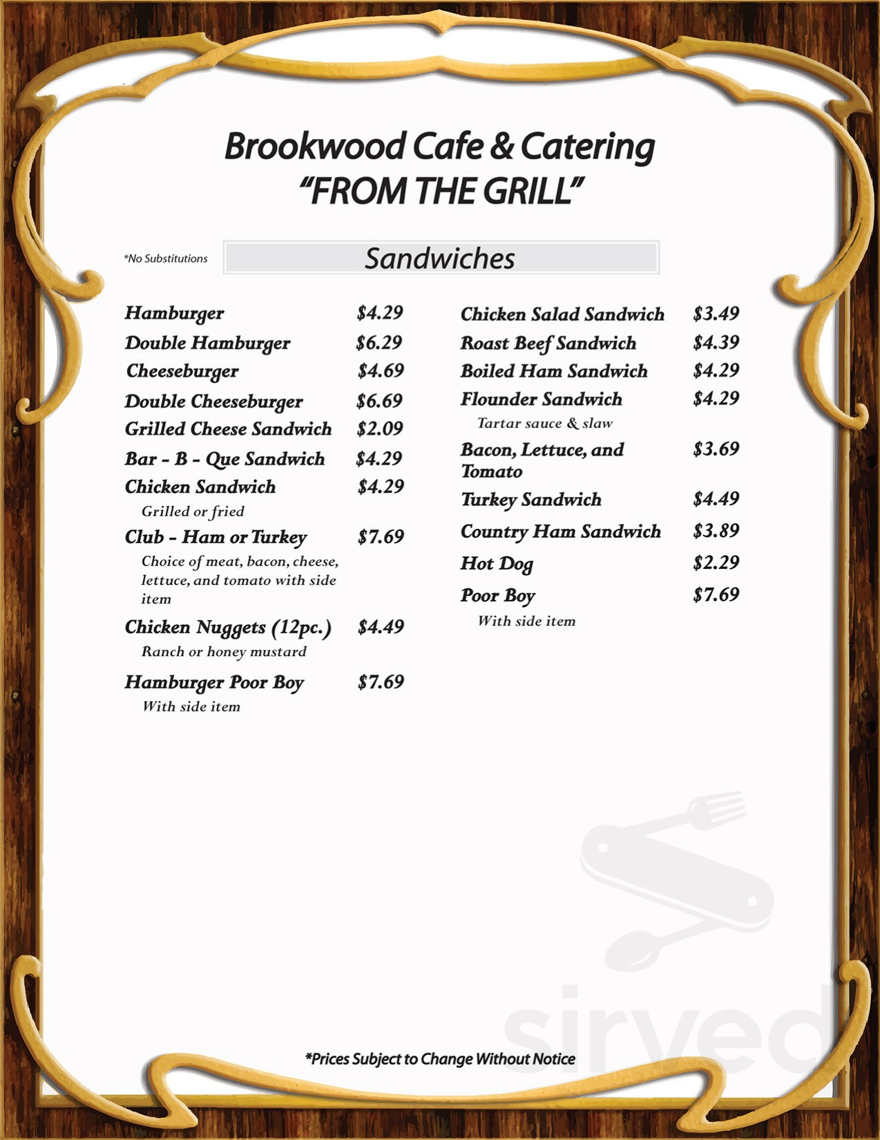 Brookwood Cafe & Catering menu in Maiden, North Carolina, USA