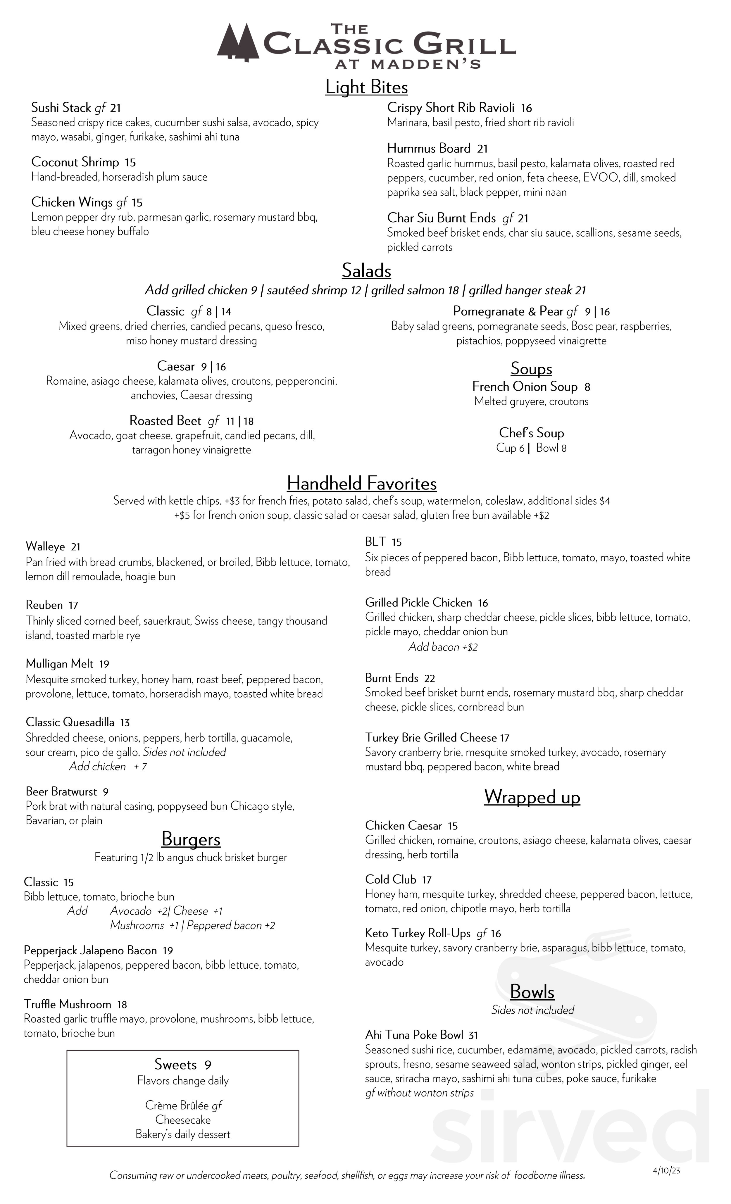 Menu for The Classic Grill at Madden's in Brainerd, MN