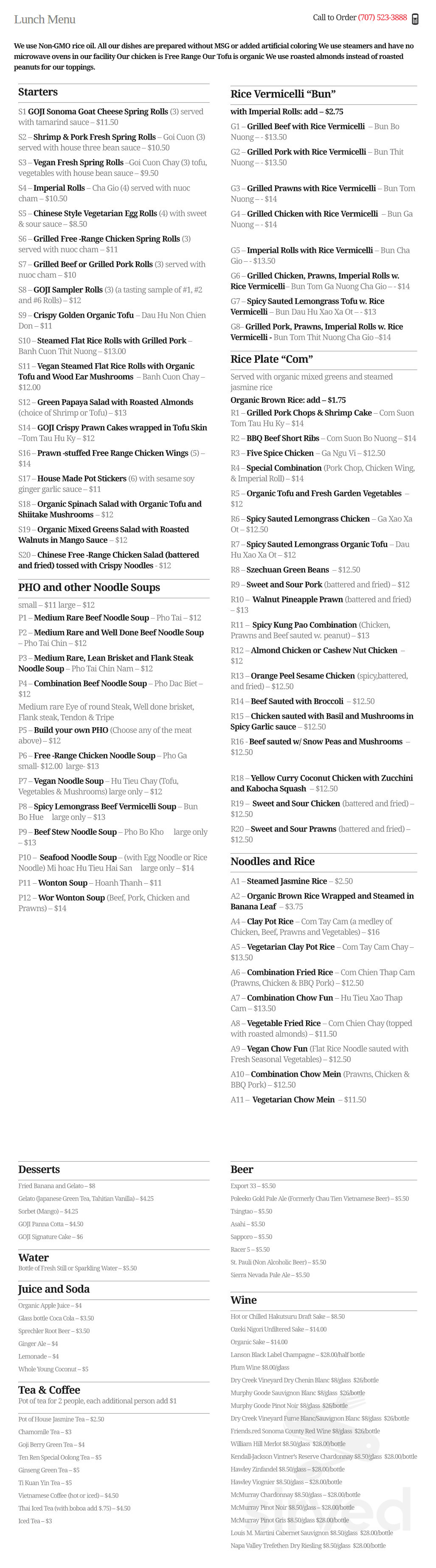 Goji Kitchen menu in Santa Rosa, California, USA