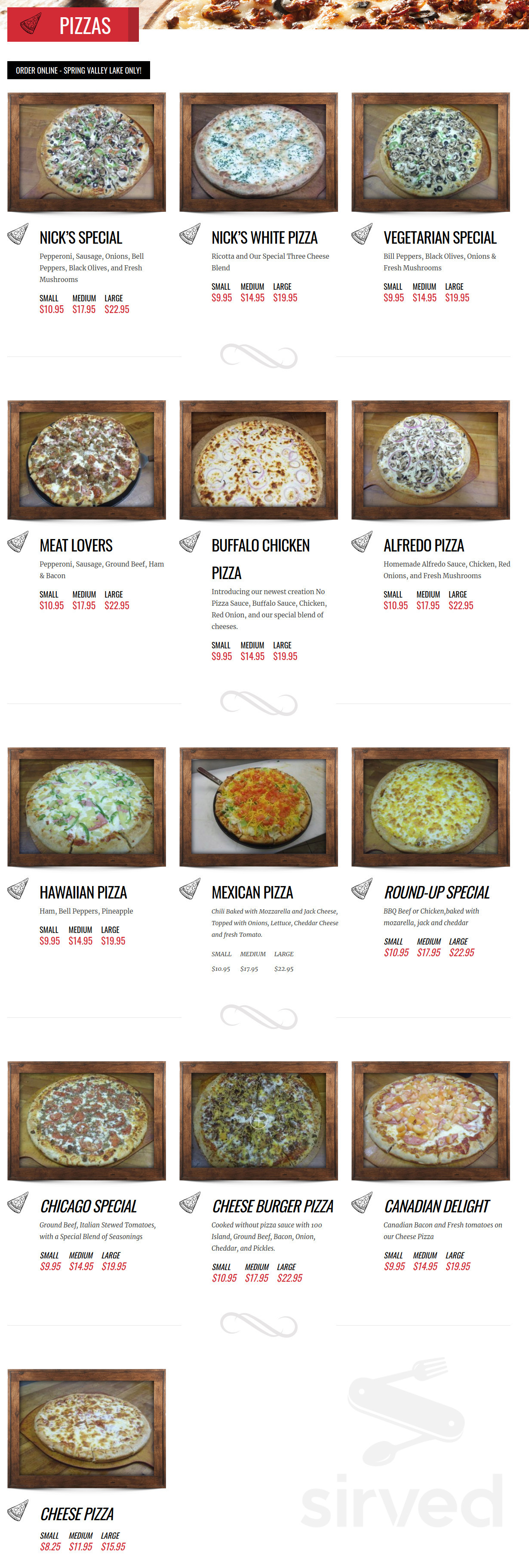 Iconic Pizza menu in Victorville, California, USA